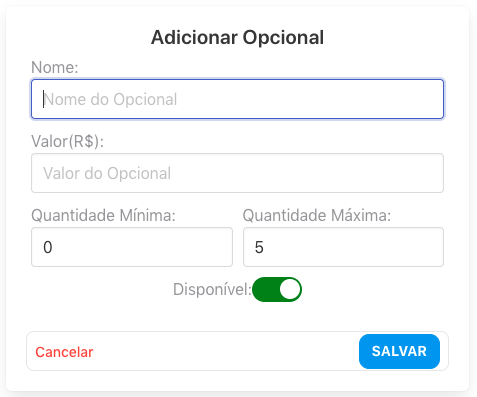 Tela Adicionar Opcional