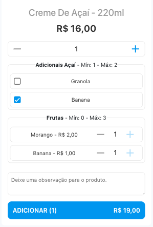 Tela do Produto com Opcionais Pagos e Grátis