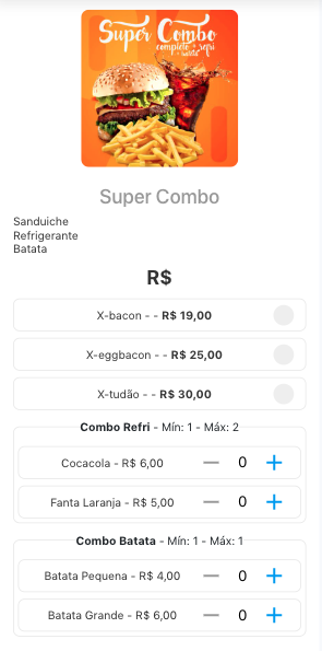 Tela com Exemplo de Combo de Produtos