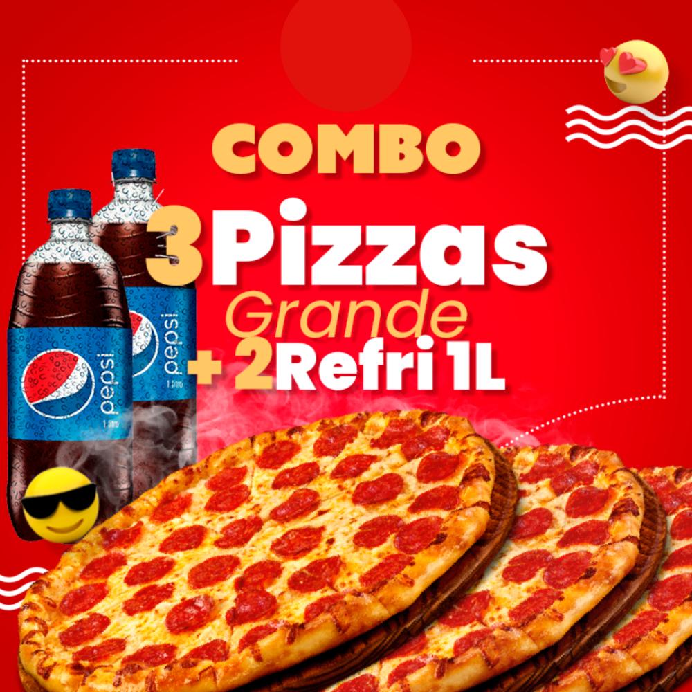 3 Pizzas Grandes + 2 Refrigerante 1l